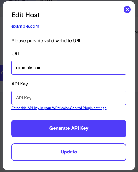 WPMissionControl Dashboard - Generate API Key