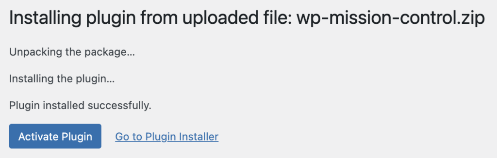 WPMissionControl Plugin - activate uploaded plugin