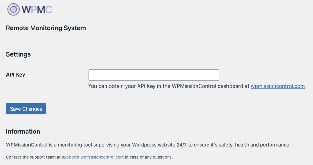 WPMissionControl Plugin Settings screen - add your API key