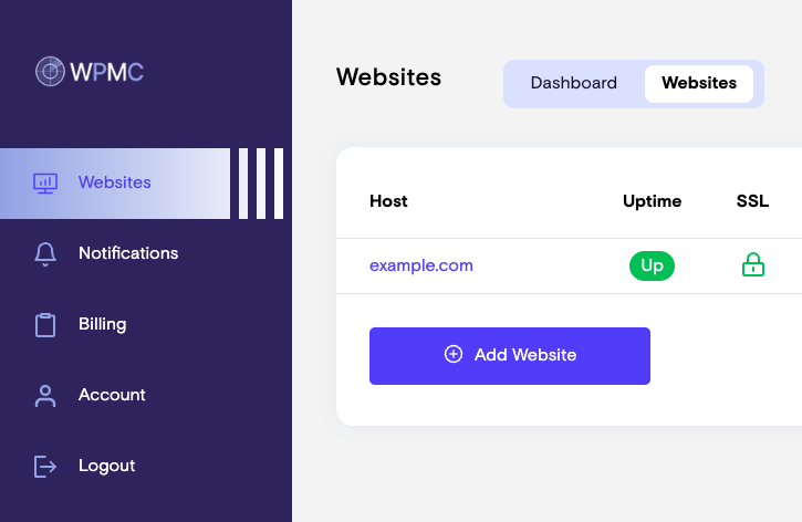How to set up website health monitoring - Step 1 - Navigate to WPMissionControl Dashboard - Websites