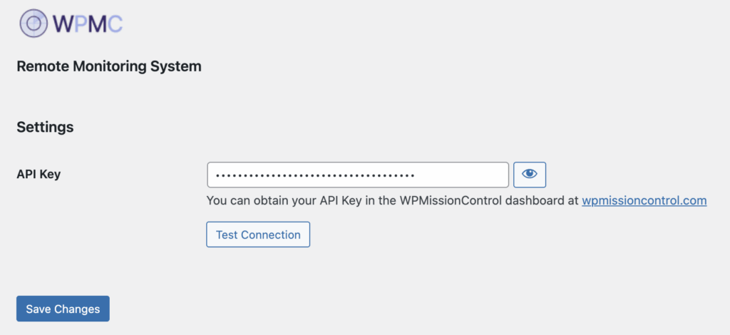 How to set up website health monitoring - Step 7 - Enter your API key on WPMissionControl Settings screen in your website admin dashboard