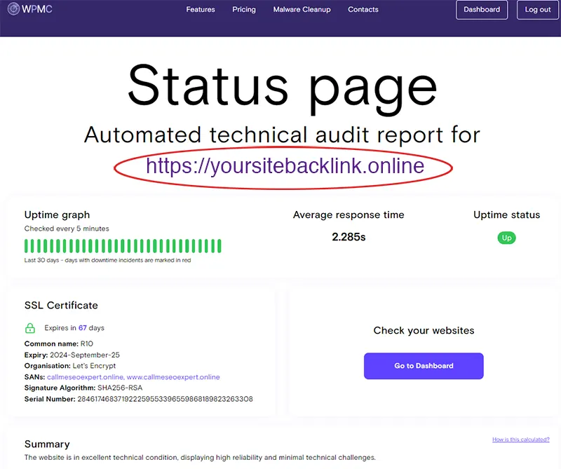 WPMissionControl public status page example