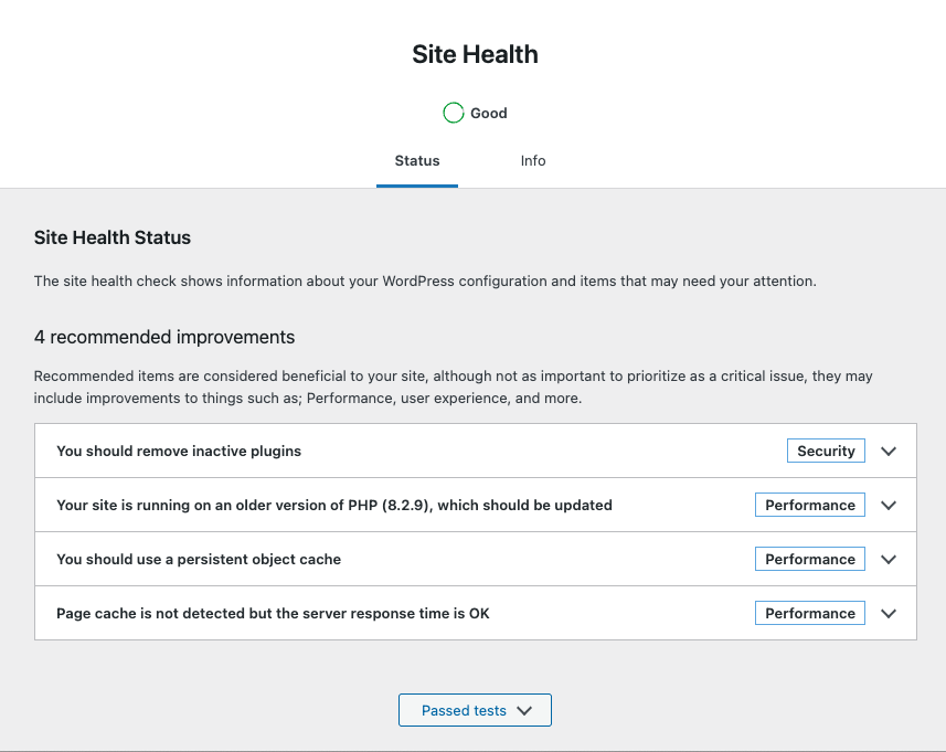 Example of a Site Health warning in WP admin