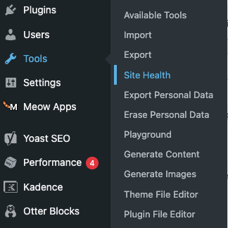 WordPress admin Tools → Site Health